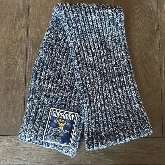 Superdry Blue and White Ribbed Knit Scarf - Picture 1 of 5